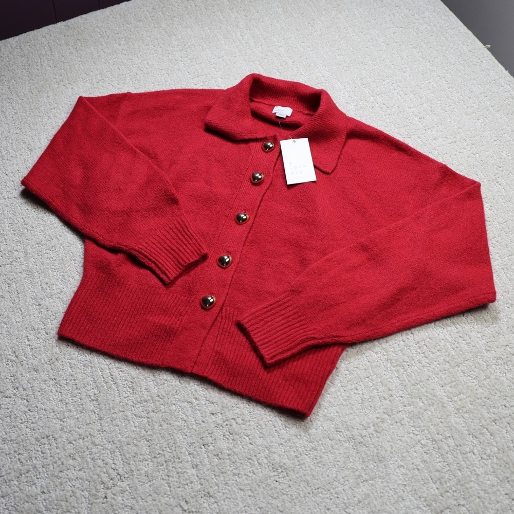 A New Day Womens Red Cardigan Sweater Gold Heart Buttons XS New